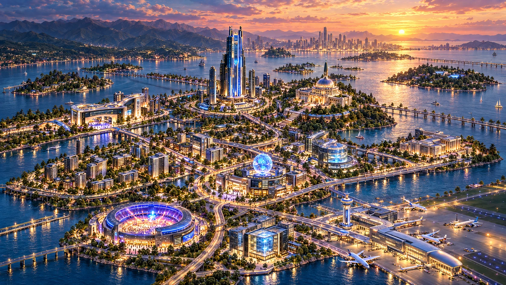 Ciudad costera futurista al atardecer: torre central, estadio, biblioteca y aeropuerto junto al mar